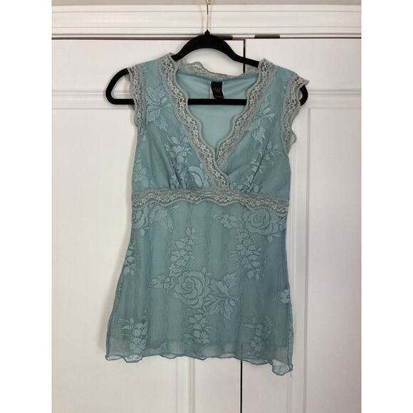 Y2k 90s Vintage Wrapper Womens Blue Lace Trim Floral Babydoll Blouse Size Medium - Picture 1 of 6